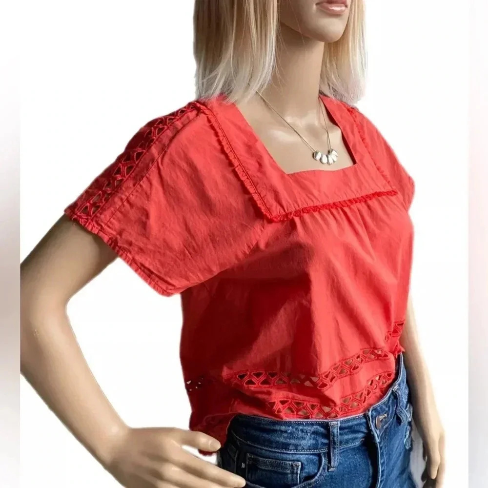 Madewell Top Angelica Rusty Orange Eyelet Short Sleeve Blouse Women’s Size XS - Picture 4 of 12